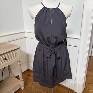 NWT Express Women Charcoal Gray Halter Neck Tie Waist Lace Hem Mini Dress Size S